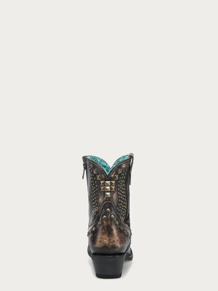 A4829 WOMEN'S BONE OVERLAY, EMBROIDERY & STUDS BLACK SNIP TOE ANKLE BOOT