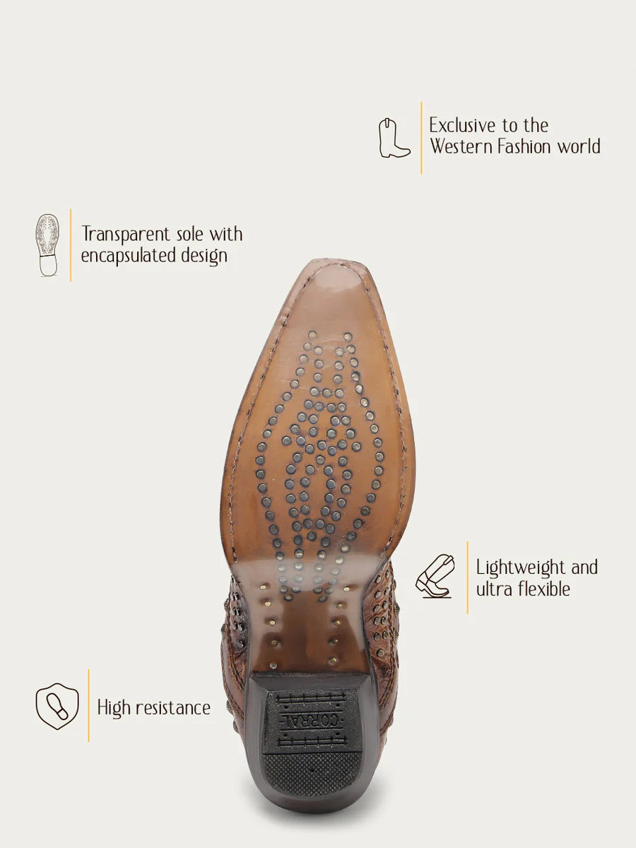 A4834 - WOMEN'S OVERLAY EMBROIDERY AND STUDS SAND SNIP TOE COWBOY BOOT