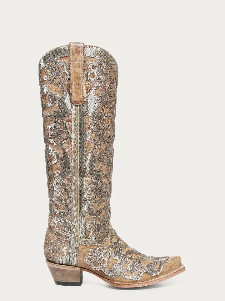 A4867- WOMEN'S SAND OVERLAY & SEQUIN-EMBROIDERY FLORAL PATTERN TALL SNIP TOE BOOT