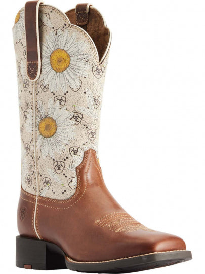 Ariat Women's Round Up Wide Square Toe Canyon Brown-Daisy Logo