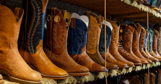 A row of cowboy boots in various styles, leathers, and colors is neatly arranged on a shelf for display.