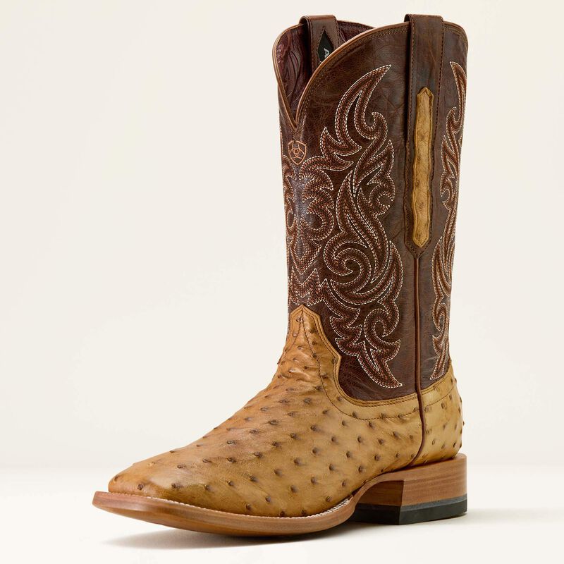 Men's Ariat Classic Cash Hickory Smoke Ostrich Wide Square Toe Western Boots 10063774