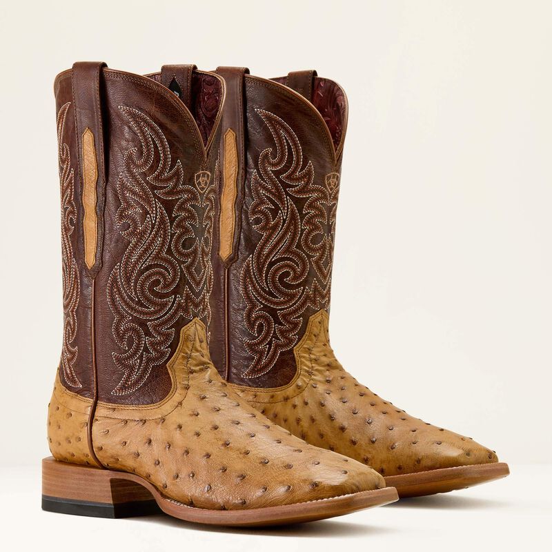 Men's Ariat Classic Cash Hickory Smoke Ostrich Wide Square Toe Western Boots 10063774