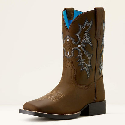 Kids/Youth Ariat Tombstone Wide Square Toe Western Boot DISTRESSED BROWN 10063834