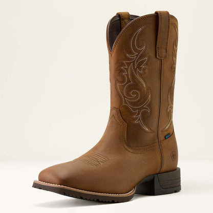 Men's Ariat Hybrid Ranchway Distressed Brown Waterproof Wide Square Toe Cowboy Boot 10064047