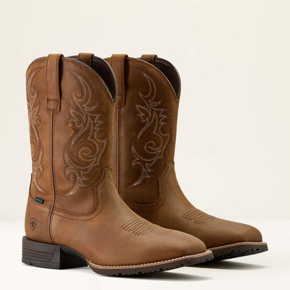 Men's Ariat Hybrid Ranchway Distressed Brown Waterproof Wide Square Toe Cowboy Boot 10064047