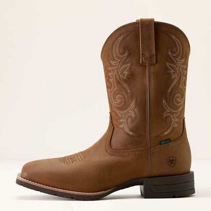 Men's Ariat Hybrid Ranchway Distressed Brown Waterproof Wide Square Toe Cowboy Boot 10064047