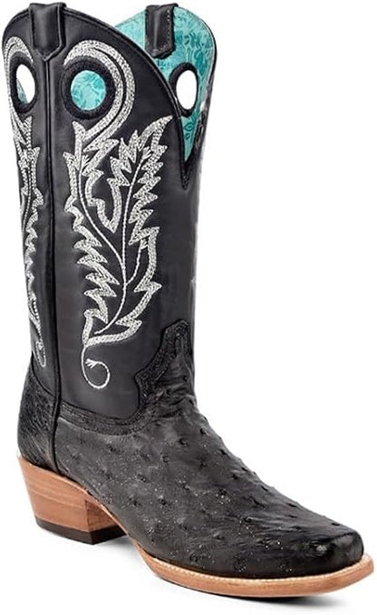 CORRAL LADIE'S BLACK/SILVER OSTRICH SQ. TOE LEATHER BOOTS-A4560