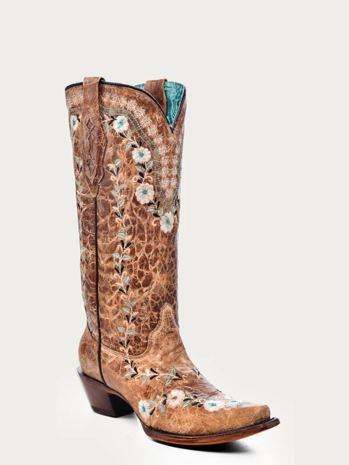 Corral Women's Cognac Flowered Embroidery 13 In Top Snip Toe Cowgirl Boot A4439