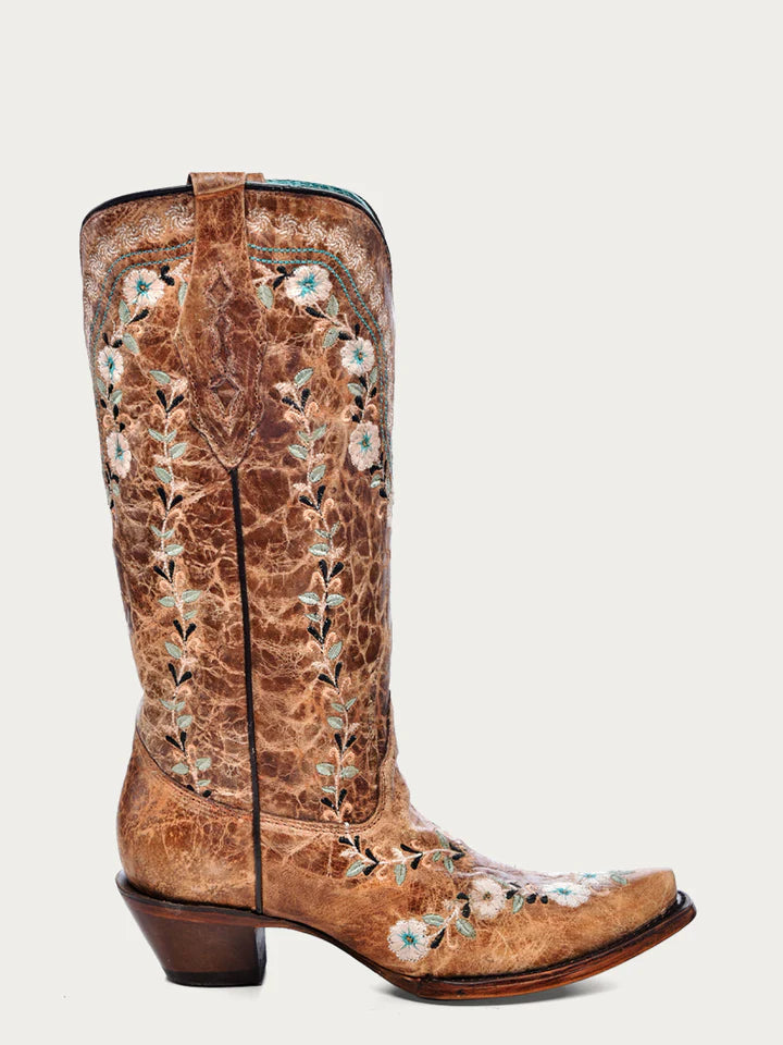 Corral Women's Cognac Flowered Embroidery 13 In Top Snip Toe Cowgirl B