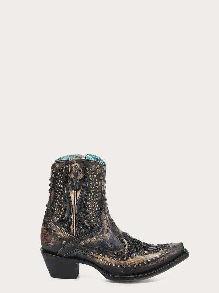 A4829 WOMEN'S BONE OVERLAY, EMBROIDERY & STUDS BLACK SNIP TOE ANKLE BOOT