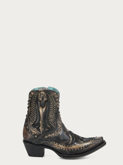 A4829 WOMEN'S BONE OVERLAY, EMBROIDERY & STUDS BLACK SNIP TOE ANKLE BOOT