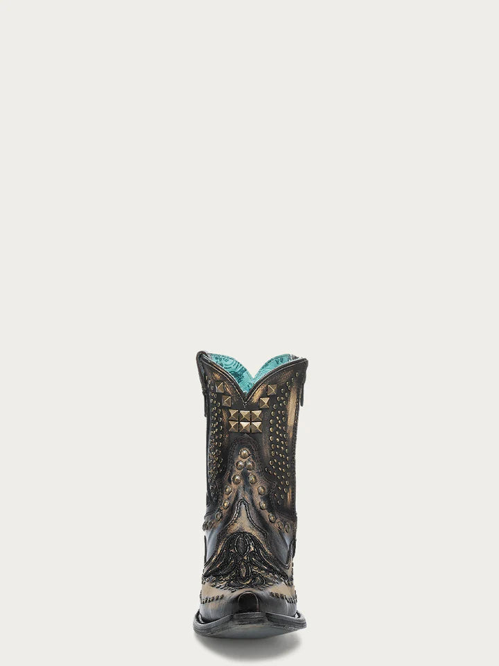 A4829 WOMEN'S BONE OVERLAY, EMBROIDERY & STUDS BLACK SNIP TOE ANKLE BOOT