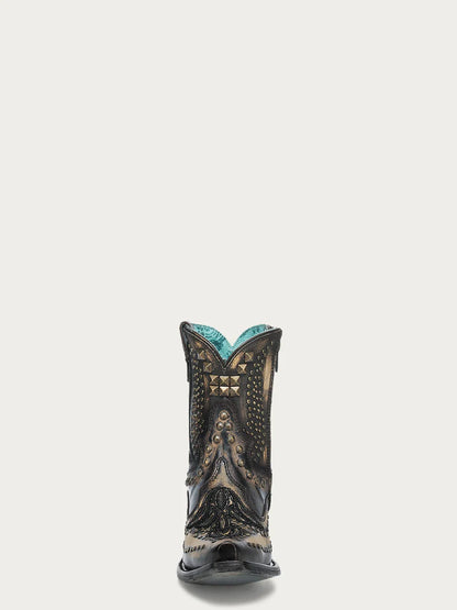 A4829 WOMEN'S BONE OVERLAY, EMBROIDERY & STUDS BLACK SNIP TOE ANKLE BOOT