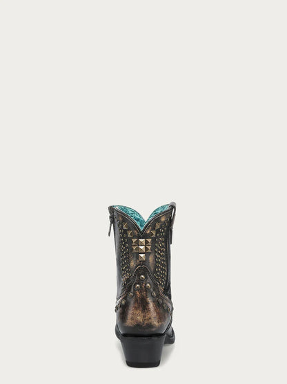 A4829 WOMEN'S BONE OVERLAY, EMBROIDERY & STUDS BLACK SNIP TOE ANKLE BOOT