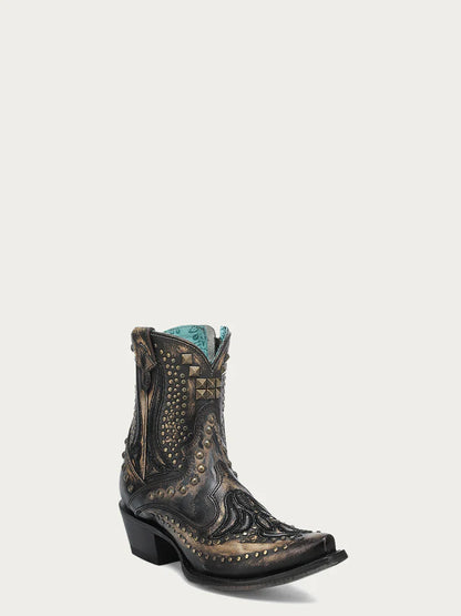 A4829 WOMEN'S BONE OVERLAY, EMBROIDERY & STUDS BLACK SNIP TOE ANKLE BOOT