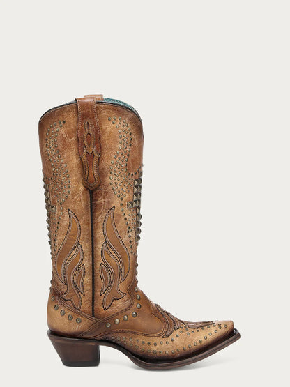 A4834 - WOMEN'S OVERLAY EMBROIDERY AND STUDS SAND SNIP TOE COWBOY BOOT