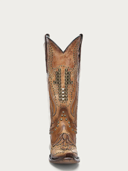 A4834 - WOMEN'S OVERLAY EMBROIDERY AND STUDS SAND SNIP TOE COWBOY BOOT