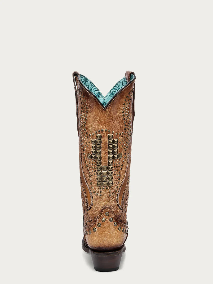 A4834 - WOMEN'S OVERLAY EMBROIDERY AND STUDS SAND SNIP TOE COWBOY BOOT