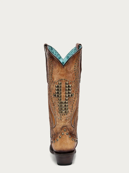 A4834 - WOMEN'S OVERLAY EMBROIDERY AND STUDS SAND SNIP TOE COWBOY BOOT