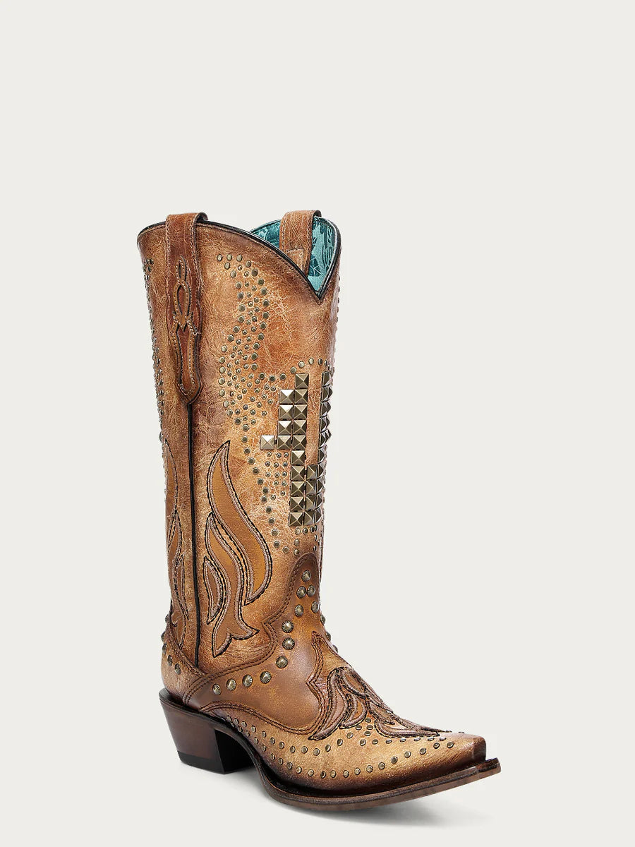A4834 - WOMEN'S OVERLAY EMBROIDERY AND STUDS SAND SNIP TOE COWBOY BOOT