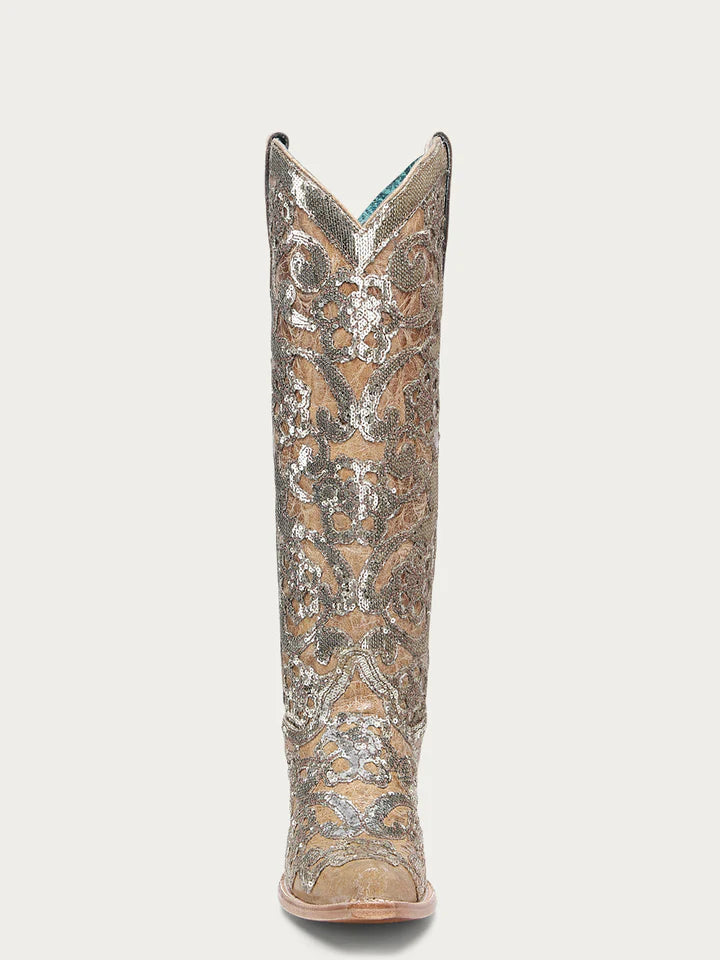 A4867- WOMEN'S SAND OVERLAY & SEQUIN-EMBROIDERY FLORAL PATTERN TALL SNIP TOE BOOT
