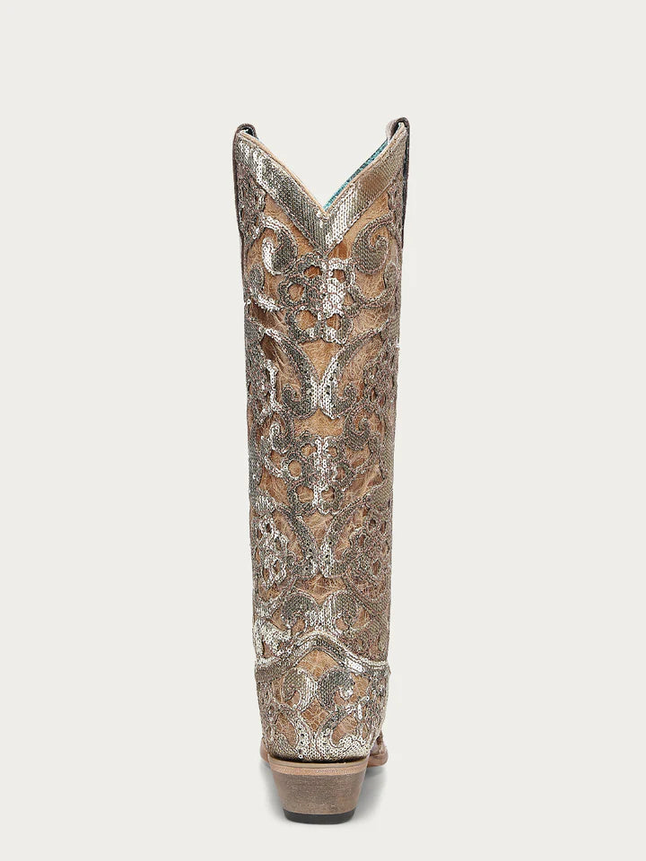 A4867- WOMEN'S SAND OVERLAY & SEQUIN-EMBROIDERY FLORAL PATTERN TALL SNIP TOE BOOT