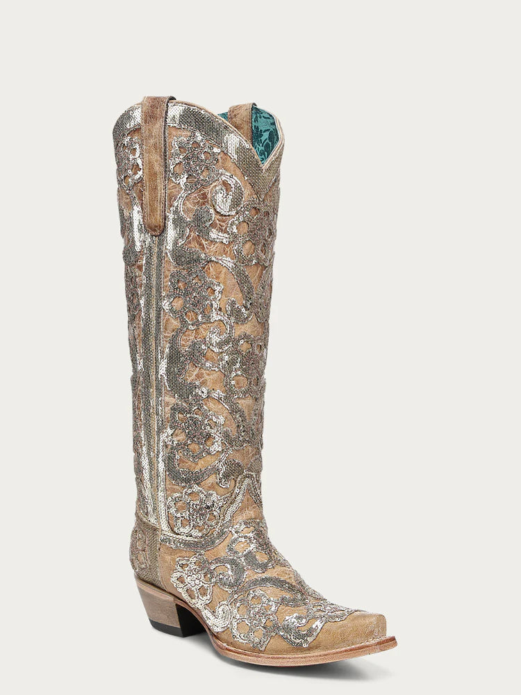 A4867- WOMEN'S SAND OVERLAY & SEQUIN-EMBROIDERY FLORAL PATTERN TALL SNIP TOE BOOT