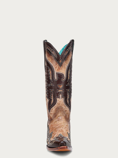 A4889 - WOMEN'S CHOCOLATE EAGLE OVERLAY SAND SNIP-TOE COWBOY BOOT
