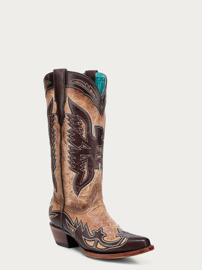 A4889 - WOMEN'S CHOCOLATE EAGLE OVERLAY SAND SNIP-TOE COWBOY BOOT