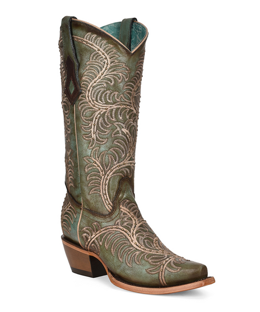 C4009 CORRAL LD DISTRESSED TURQUOISE EMBROIDERY & STUDS BOOTS