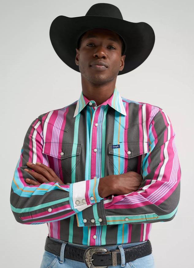 Wrangler Men's Vintage Inspired Blue Multi Stripe Snap Shirt 112379230