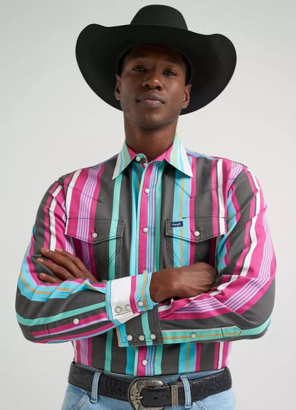 Wrangler Men's Vintage Inspired Blue Multi Stripe Snap Shirt 112379230