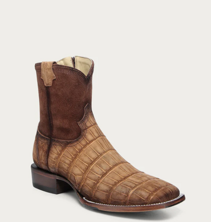 A4916 - MEN'S EMBROIDERY COGNAC ALLIGATOR SHORT WIDE SQUARE TOE COWBOY BOOT WITH RUBBER INSERT