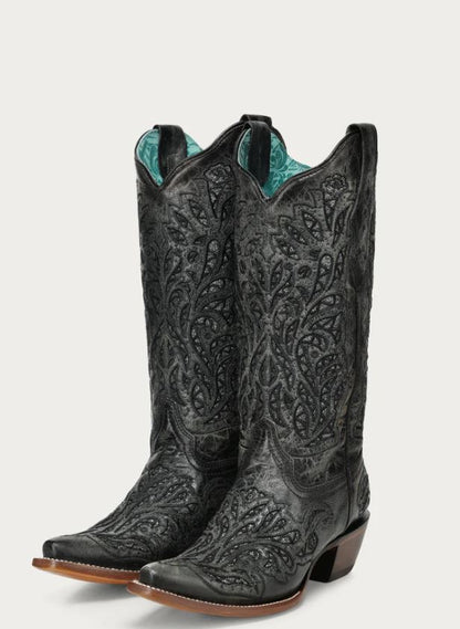A5095 - WOMEN'S BLACK GLITTER INLAY AND EMBROIDERY SNIP TOE COWBOY BOOT