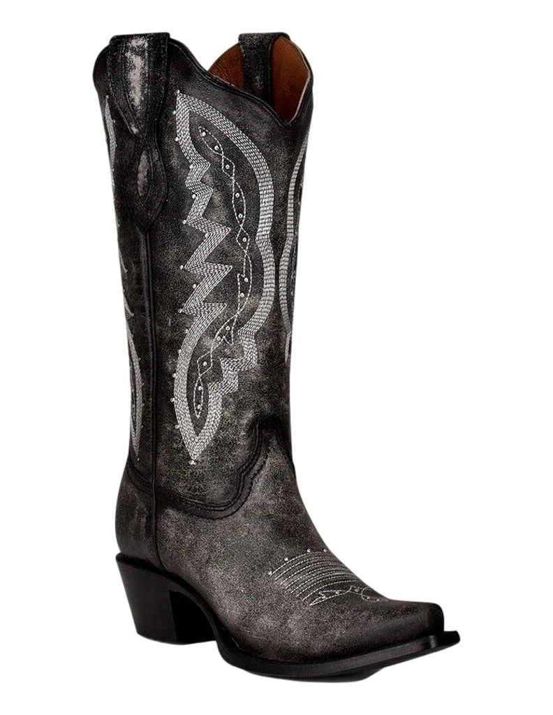 CIRCLE G WOMEN'S BLACK STUDDED EMBROIDERED WESTERN COWGIRL BOOTS L2040