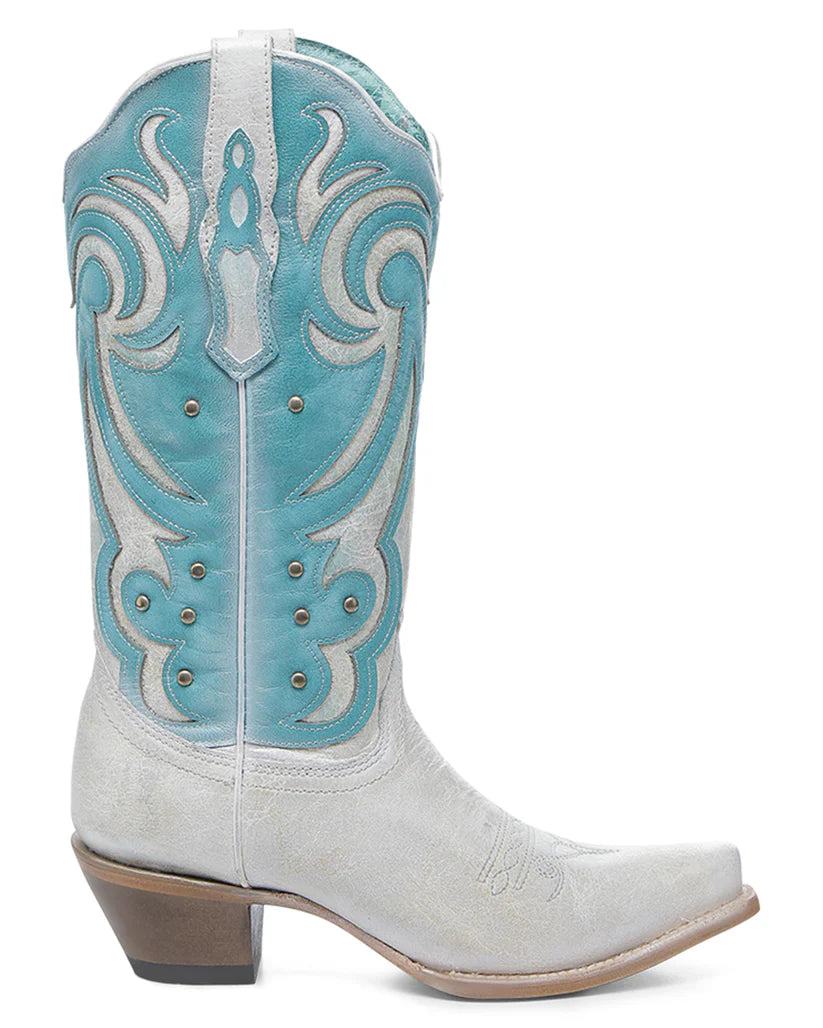 Women's Corral White / Turquoise Laser Embroidery & Studs Western Boots Z5390