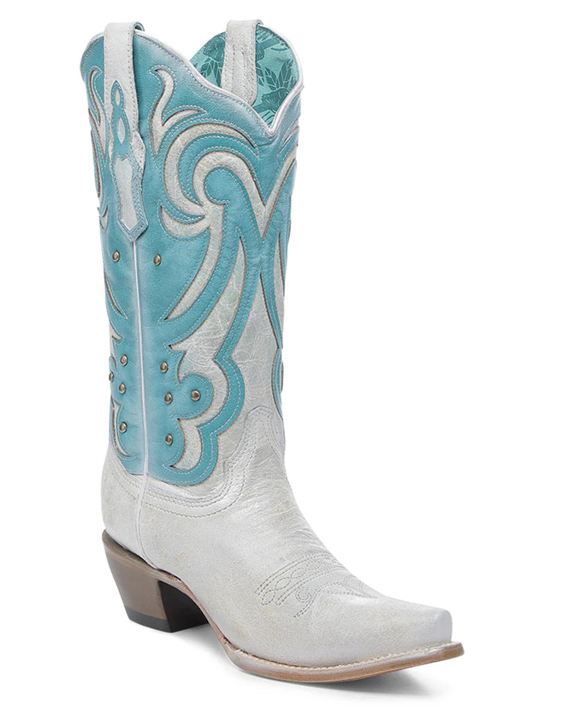 Women's Corral White / Turquoise Laser Embroidery & Studs Western Boots Z5390