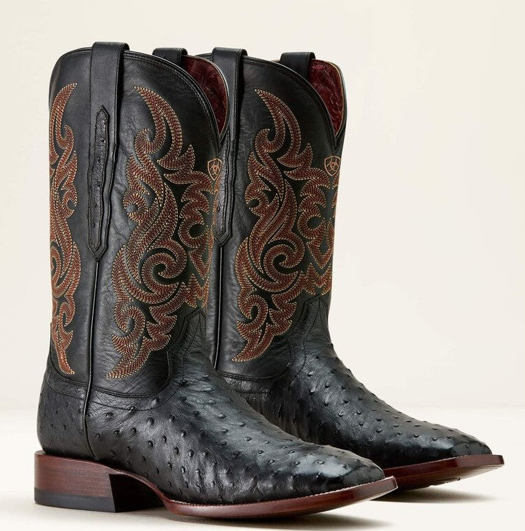Men's Ariat Classic Cash Wide Square Toe Western Boot BLACK FULL QUILL OSTRICH|MIDNIGHT BLACK 10063776