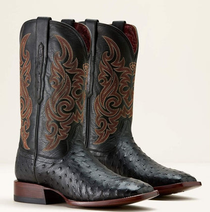 Men's Ariat Classic Cash Wide Square Toe Western Boot BLACK FULL QUILL OSTRICH|MIDNIGHT BLACK 10063776