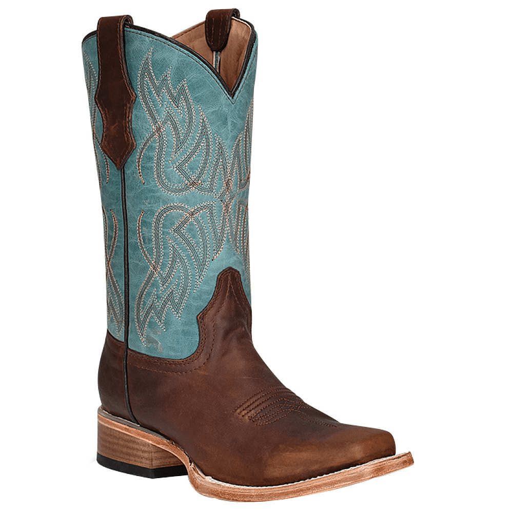 Kids Circle G Brown and Turquoise Top Square Toe Boot J7106