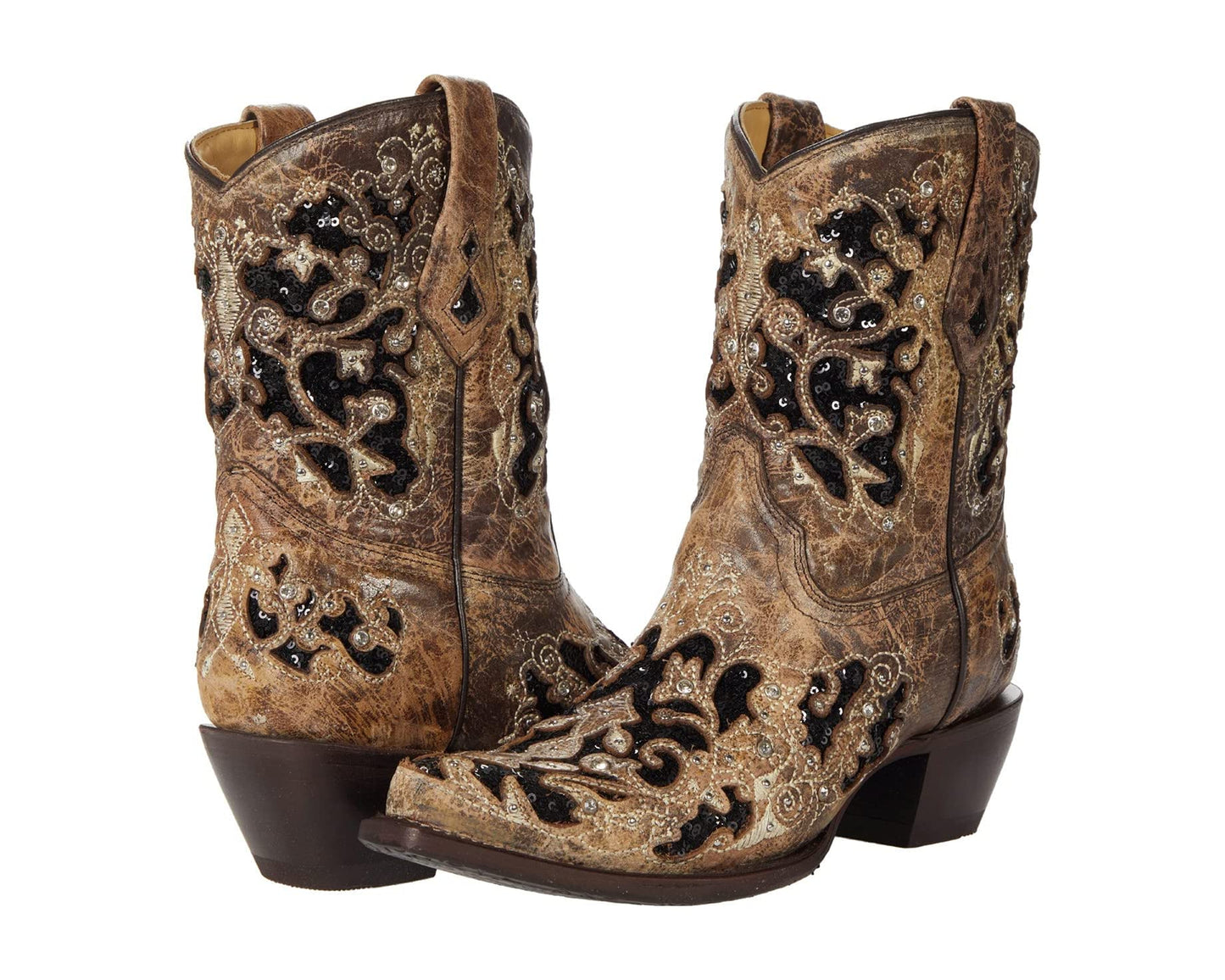 CORRAL WOMEN'S BROWN INLAY WESTERN BOOTIES - SNIP TOE A4190