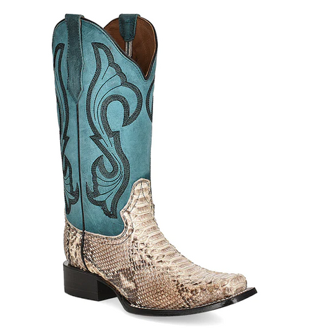 Circle G by Corral Ladies Natural Python & Turquoise Embroidered Square Toe Boot
