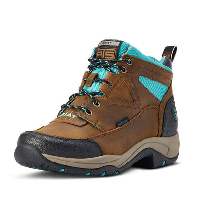 10042538 Ariat Women's Terrain H2O Lace Up Boot- Weathered Brown & Turquoise