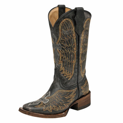 YOUTH CORRAL SQUARE TOE DISTRESSED CROSS AND WINGS BOOT A1032