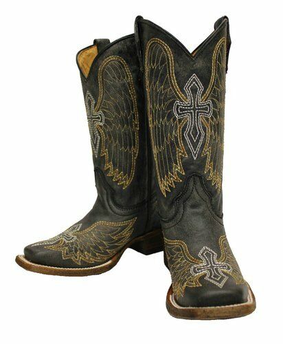 YOUTH CORRAL SQUARE TOE DISTRESSED CROSS AND WINGS BOOT A1032