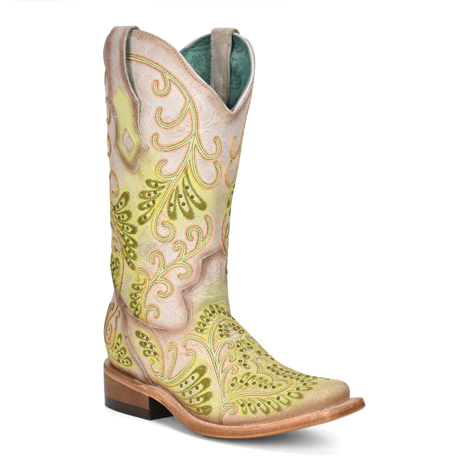 Women's Corral Leather Boots Handcrafted Neon White & Green C3967